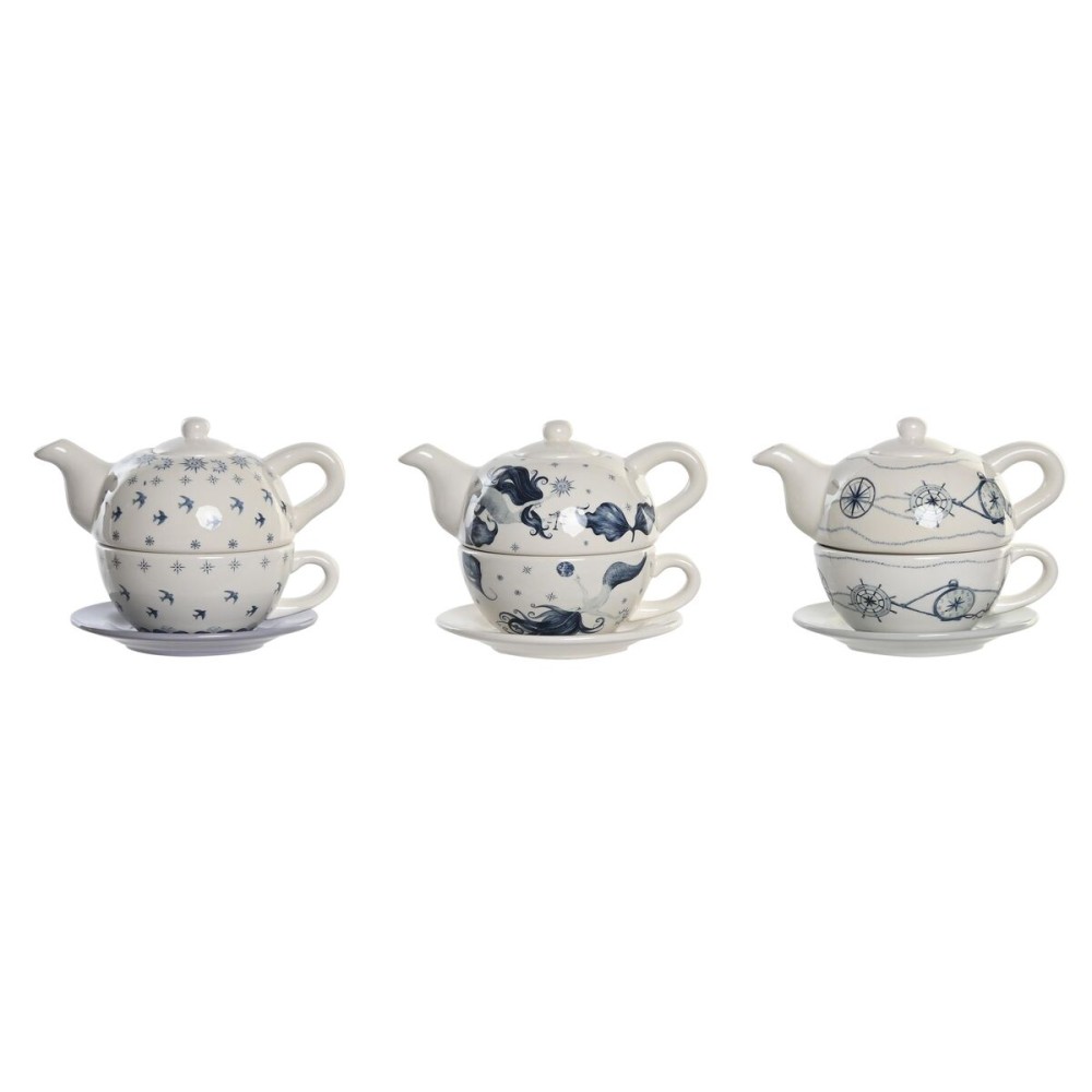 Tea Set DKD Home Decor Blue White 750 ml Dolomite (3 Units)