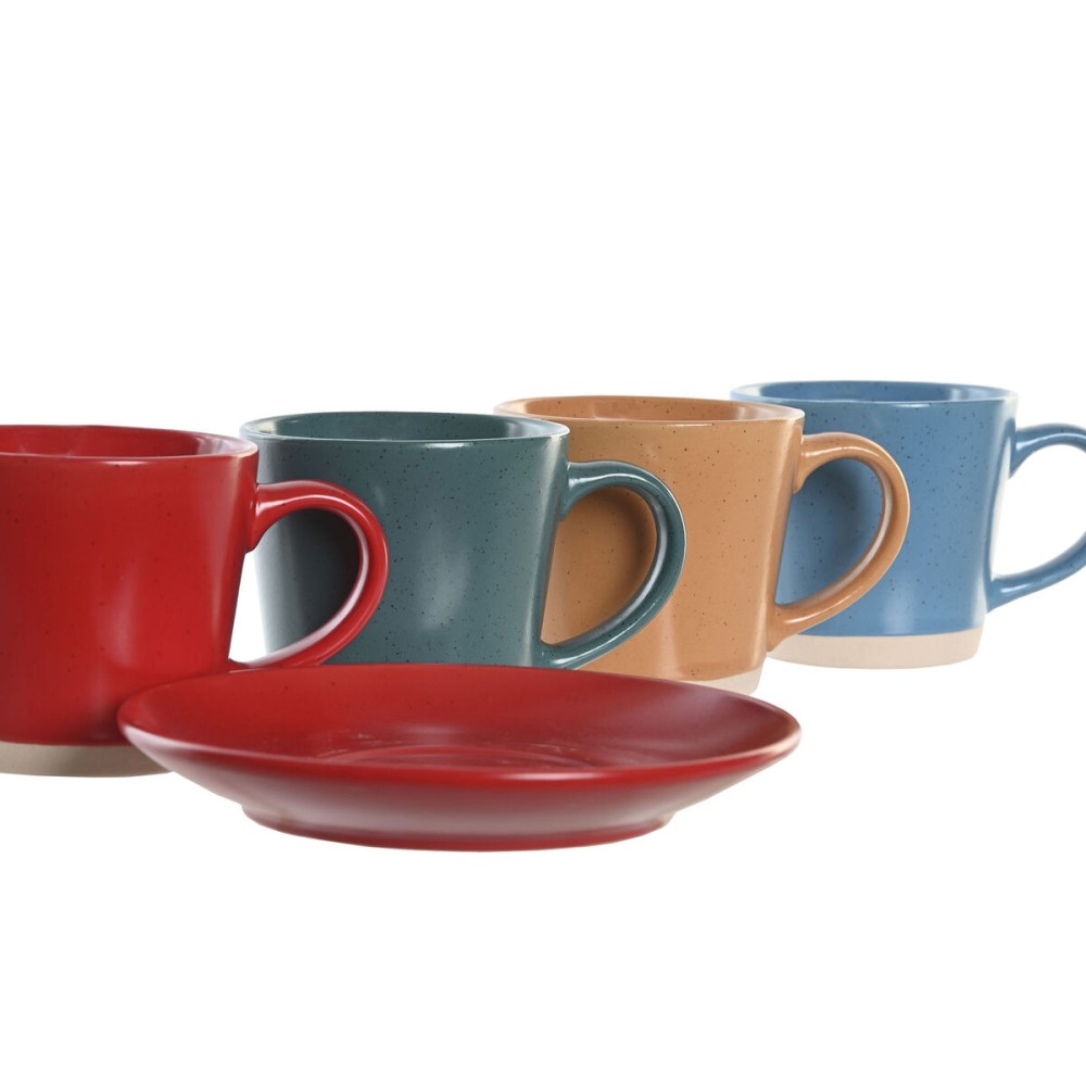 Set of Mugs with Saucers DKD Home Decor Yellow Blue Red Green Stoneware 180 ml 14 x 14 x 2 cm