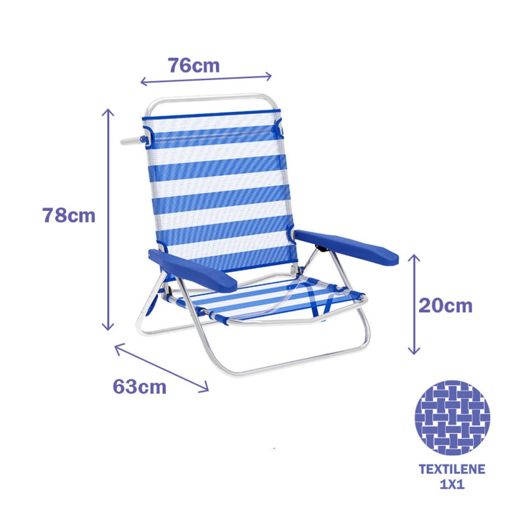 Marbueno Chaise Pliante 5 Positions Aluminium Rayures Bleu et Blanc Plage et Piscine 63X76X78 cm 10314