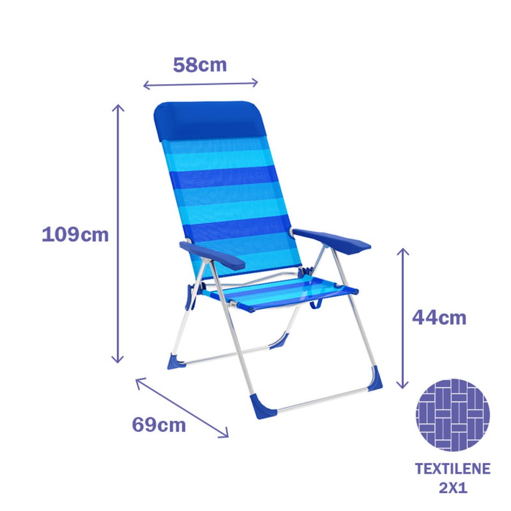 Marbueno Chaise Pliante 5 Positions Aluminium avec Coussin Rayures Bleues Plage et Piscine 69X58X109 cm 10248