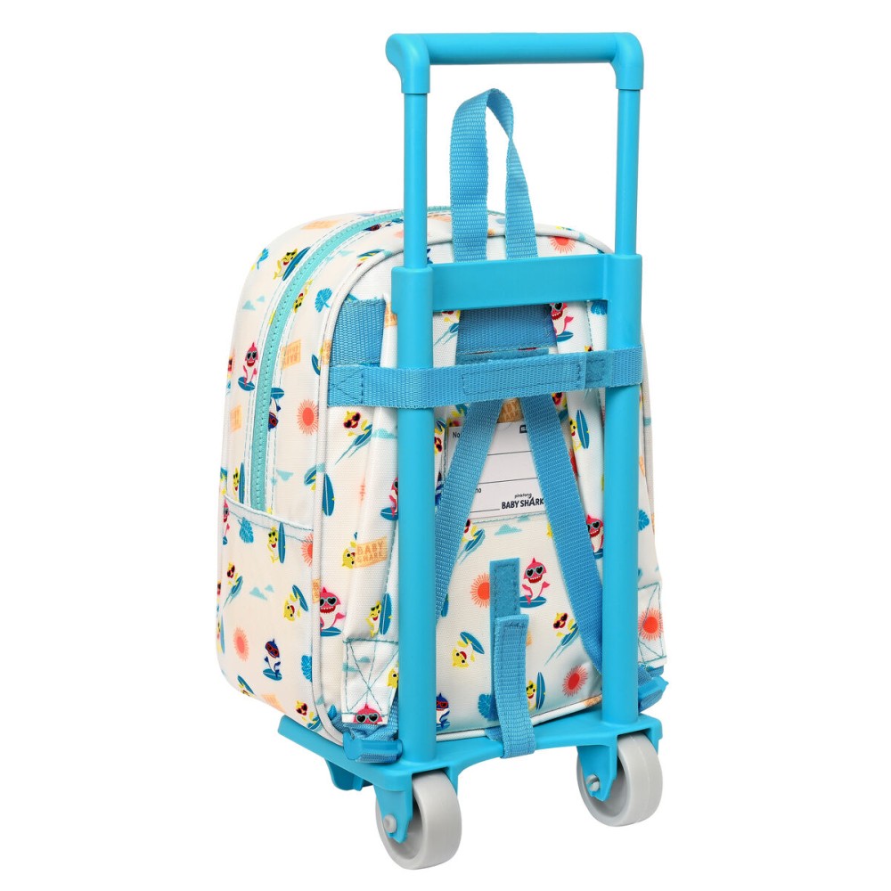 School Rucksack with Wheels Baby Shark Surfing Blue White 22 x 27 x 10 cm