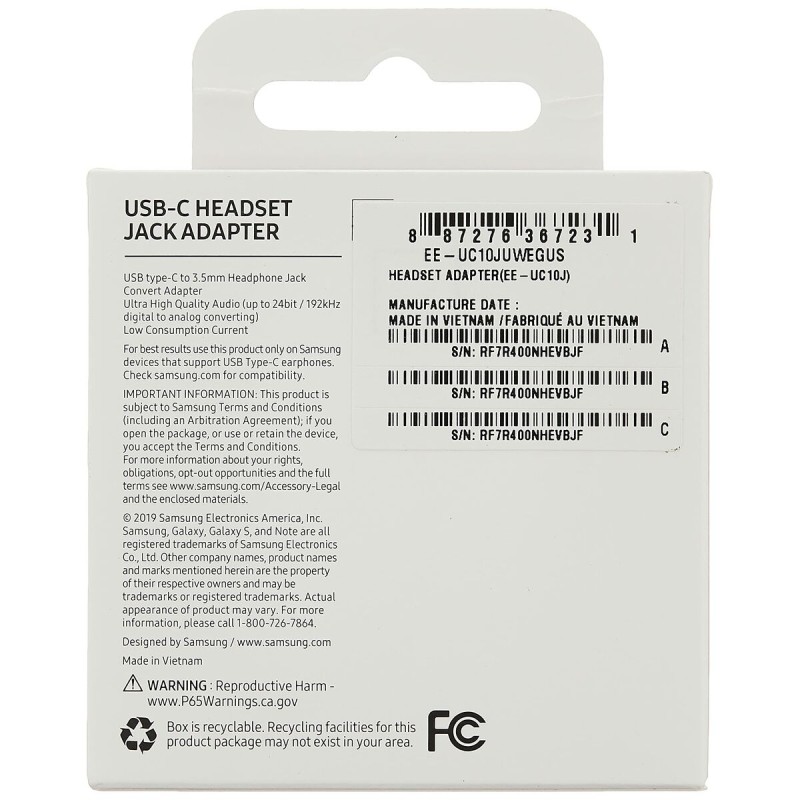 USB-C to Jack 3.5 mm Adapter Samsung EE-UC10JUWE White