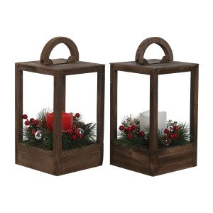 Lanterne Home ESPRIT Blanc Marron Rouge Bois 16 x 16 x 26 cm (2 Unités)