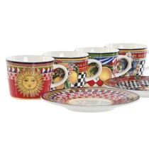 Lot de tasses avec soucoupes Home ESPRIT Jaune Rouge Porcelaine 12,5 x 12,5 x 1,5 cm (4 Unités)