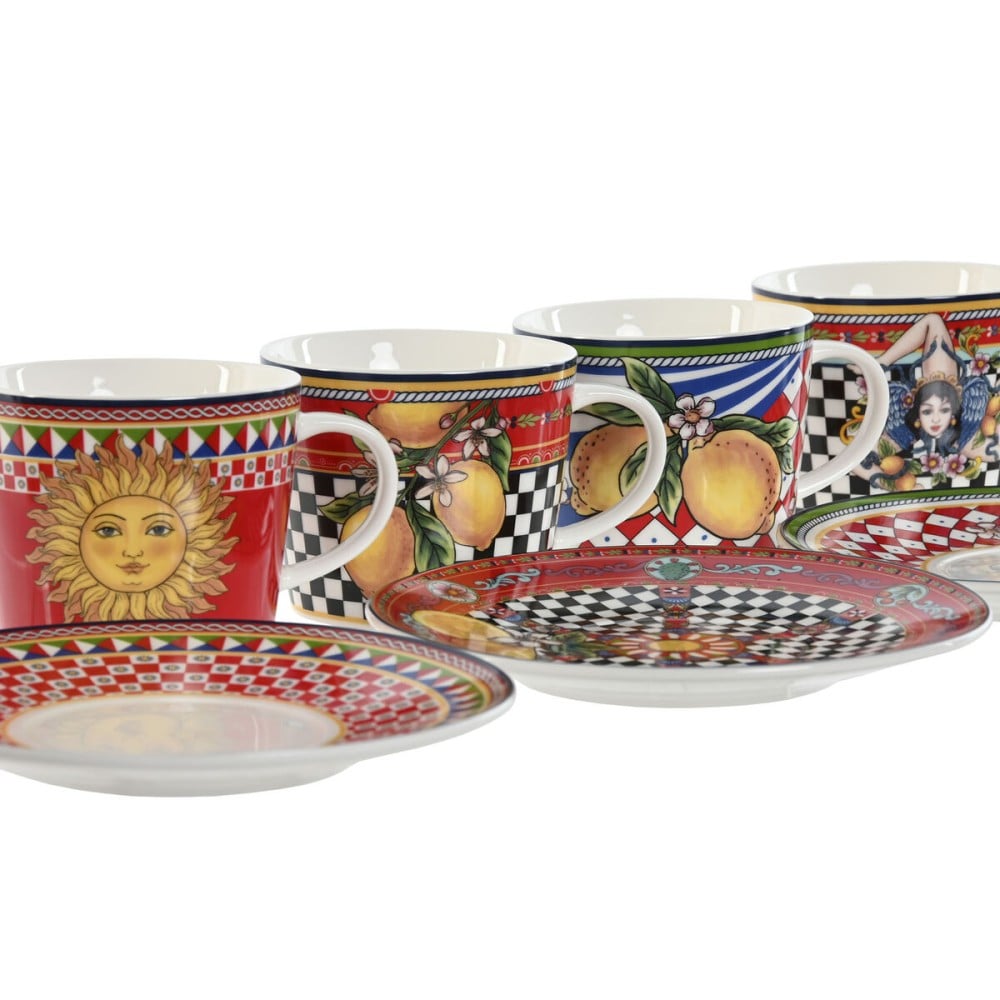 Set of Mugs with Saucers Home ESPRIT Yellow Red Porcelain 220 ml 15,6 x 15,6 x 1,7 cm (4 Units)