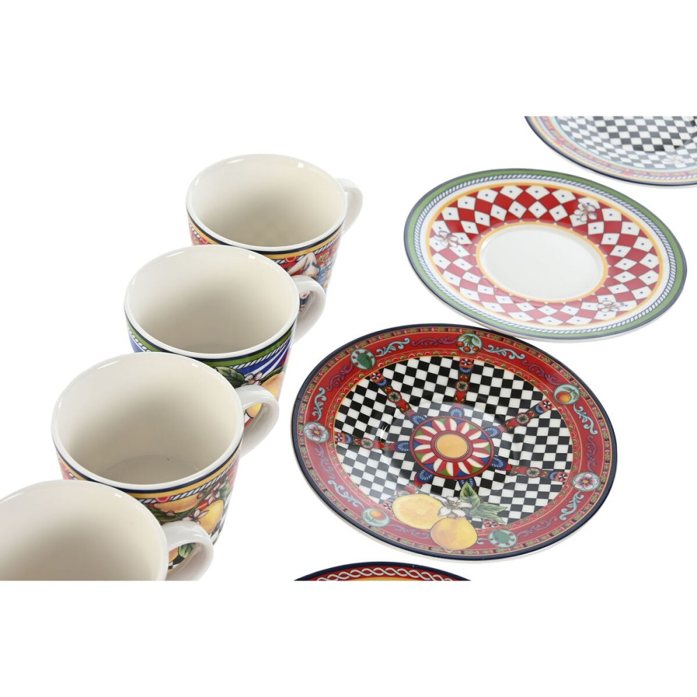 Lot de tasses avec soucoupes Home ESPRIT Jaune Rouge Porcelaine 12,5 x 12,5 x 1,5 cm (4 Unités)