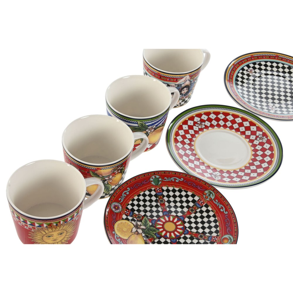 Set of Mugs with Saucers Home ESPRIT Yellow Red Porcelain 220 ml 15,6 x 15,6 x 1,7 cm (4 Units)