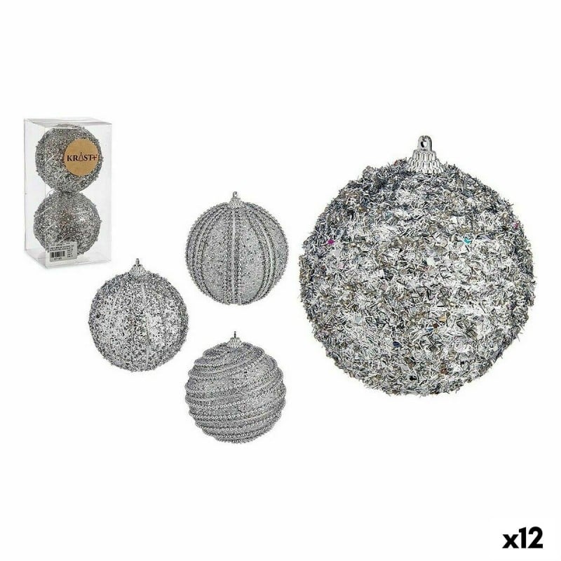 Set of Christmas balls With relief Ø 10 cm Silver PVC (12 Units)