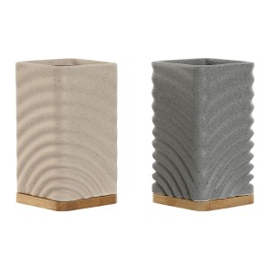 Toothbrush Holder Home ESPRIT Grey Cream Bamboo Dolomite 7 x 7 x 12 cm (2 Units)