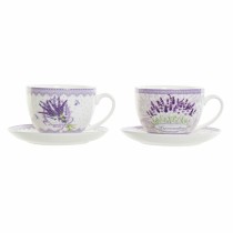 Cup with Plate DKD Home Decor White Green Lilac Porcelain 220 ml (2 Units)