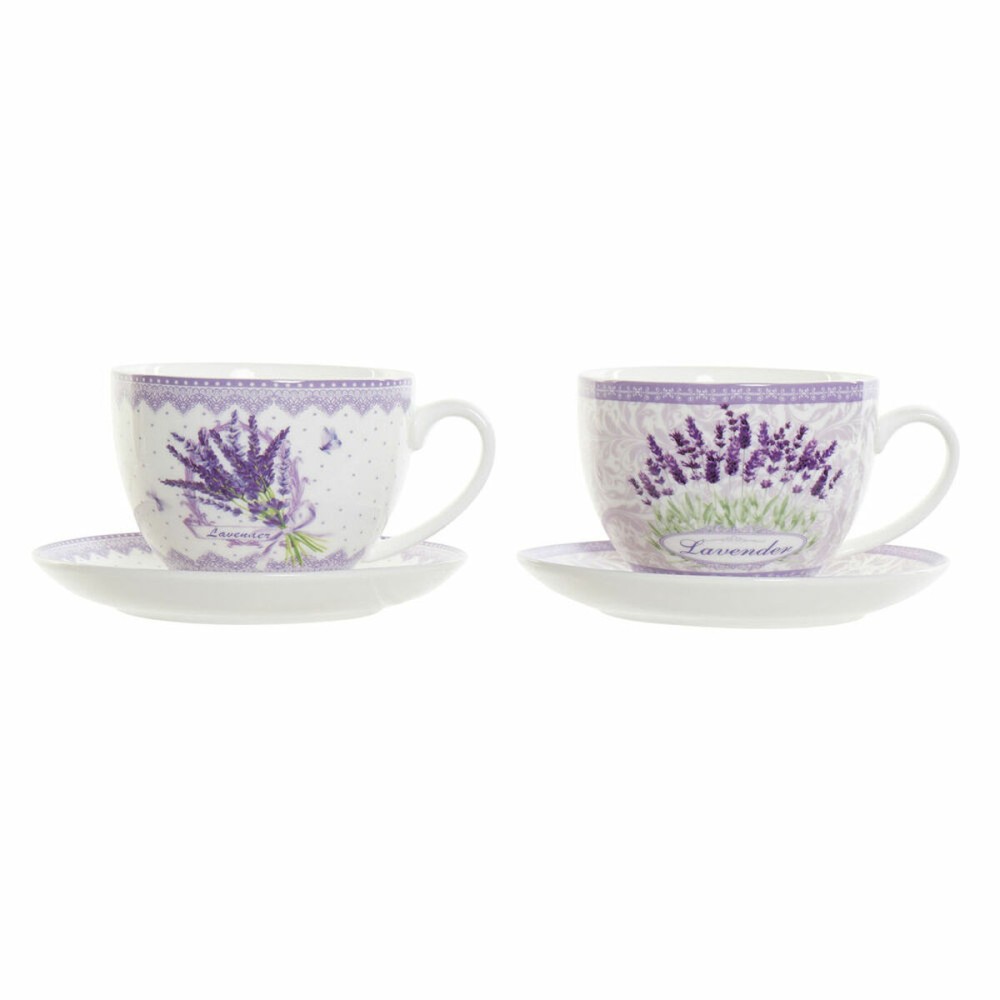 Cup with Plate DKD Home Decor White Green Lilac Porcelain 220 ml (2 Units)