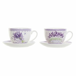 Tasse avec sous-tasse DKD Home Decor Blanc Vert Lila Porcelaine 220 ml (2 Unités)