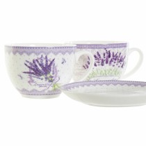 Cup with Plate DKD Home Decor White Green Lilac Porcelain 220 ml (2 Units)
