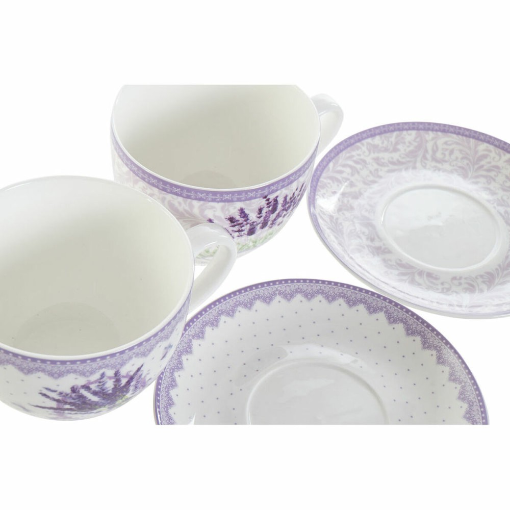 Tasse mit Untertasse DKD Home Decor Weiß grün Lila Porzellan 220 ml (2 Stück)
