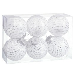 Boules de Noël Blanc Argenté Plastique Tissu Paillettes 8 x 8 x 8 cm (6 Unités)