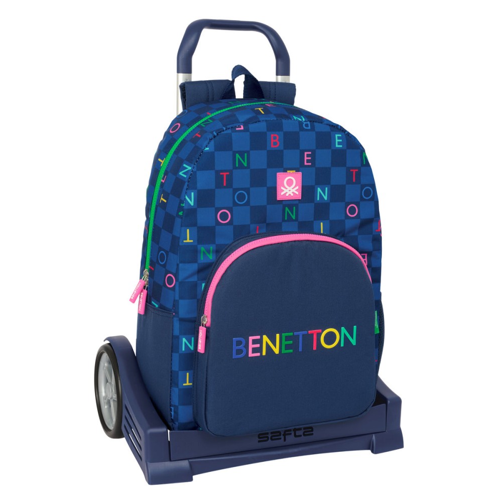 School Rucksack with Wheels Benetton Damero Navy Blue 30 x 46 x 14 cm