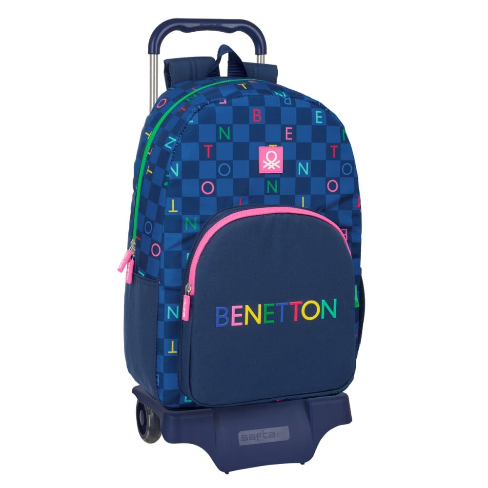 School Rucksack with Wheels Benetton Damero Navy Blue 30 x 46 x 14 cm