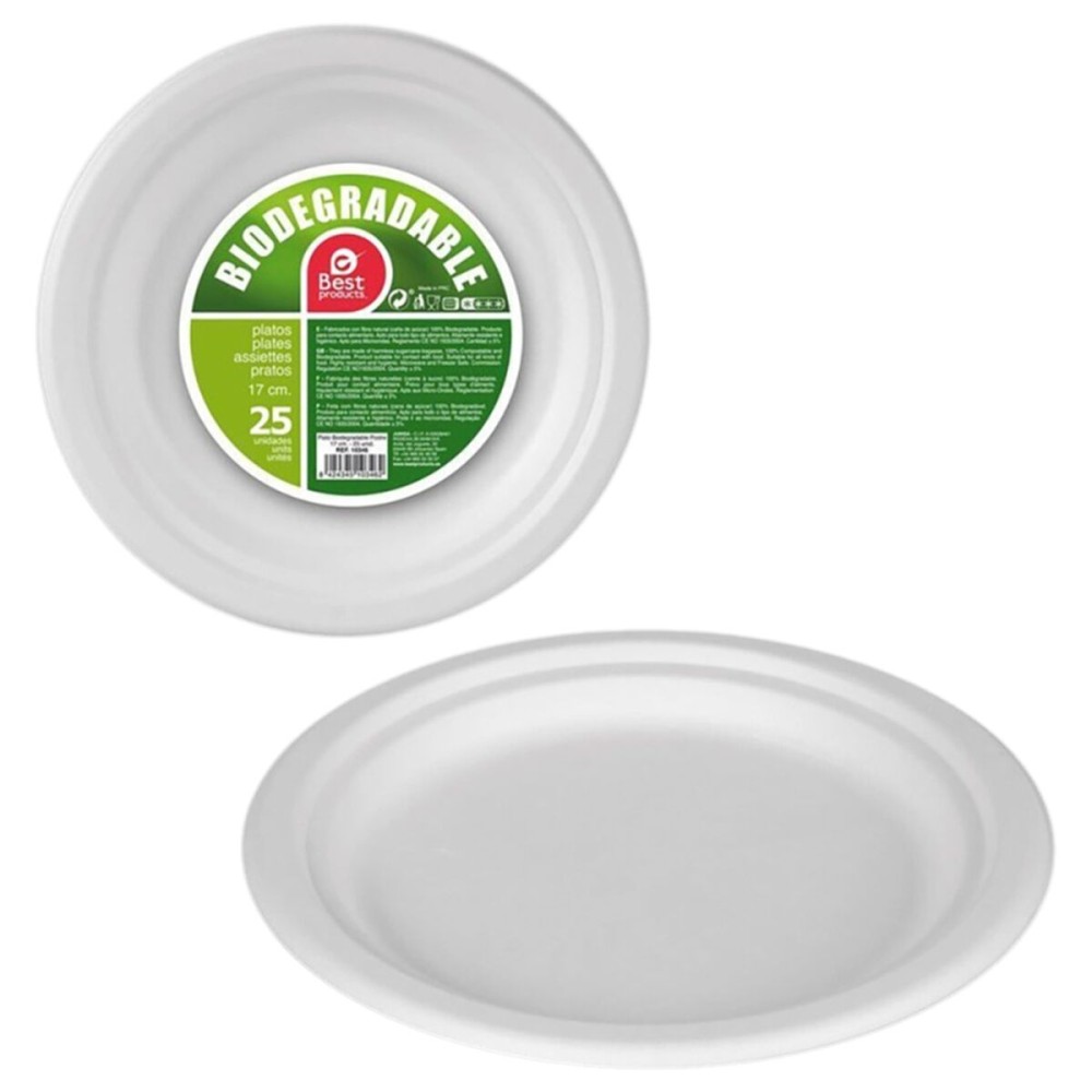 Service de vaisselle Best Products Green Canne à sucre Ø 17 cm Blanc Biodégradable Produits à usage unique 25 Unités