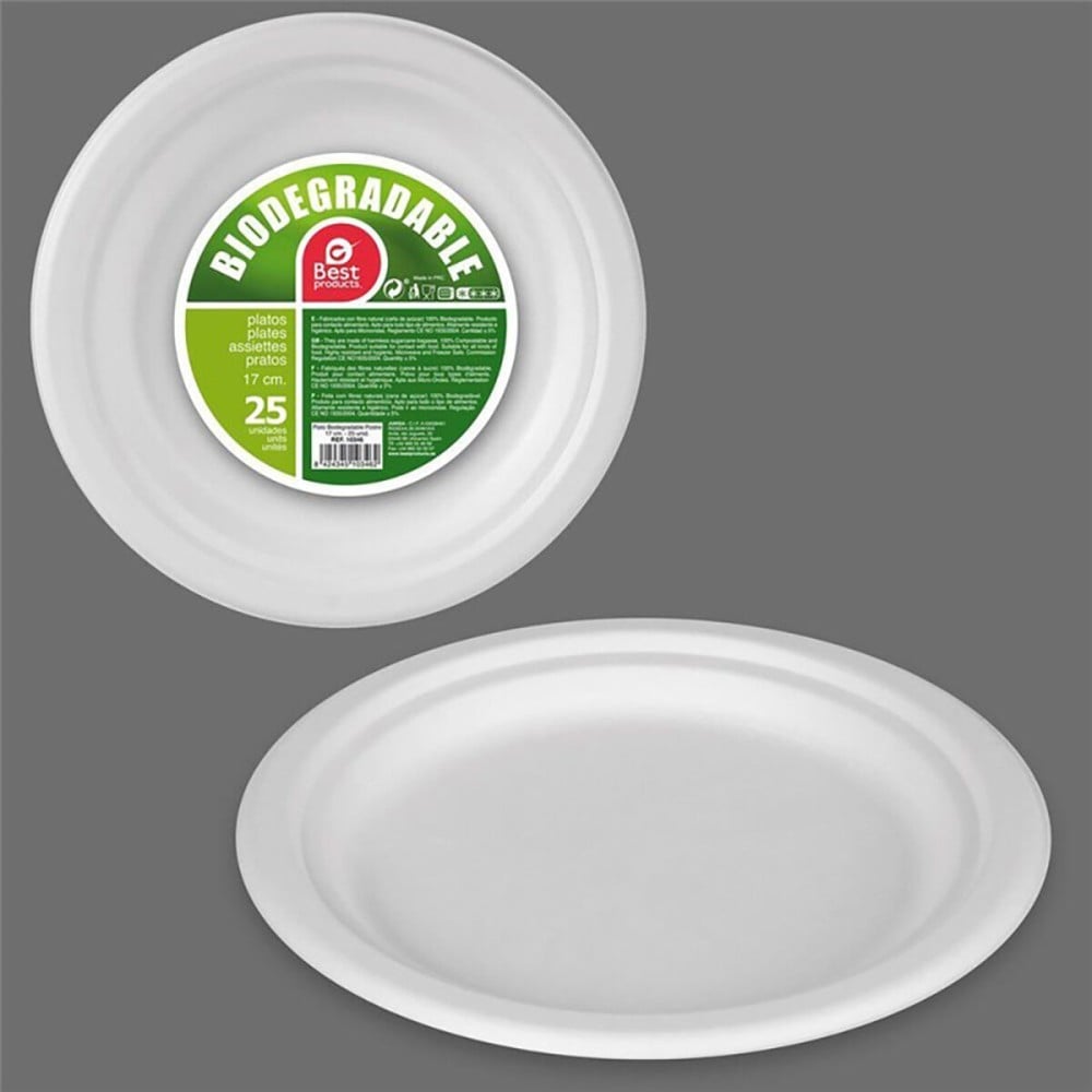 Plate set Best Products Green Sugar Cane Ø 17 cm White Biodegradable Disposable 25 Units