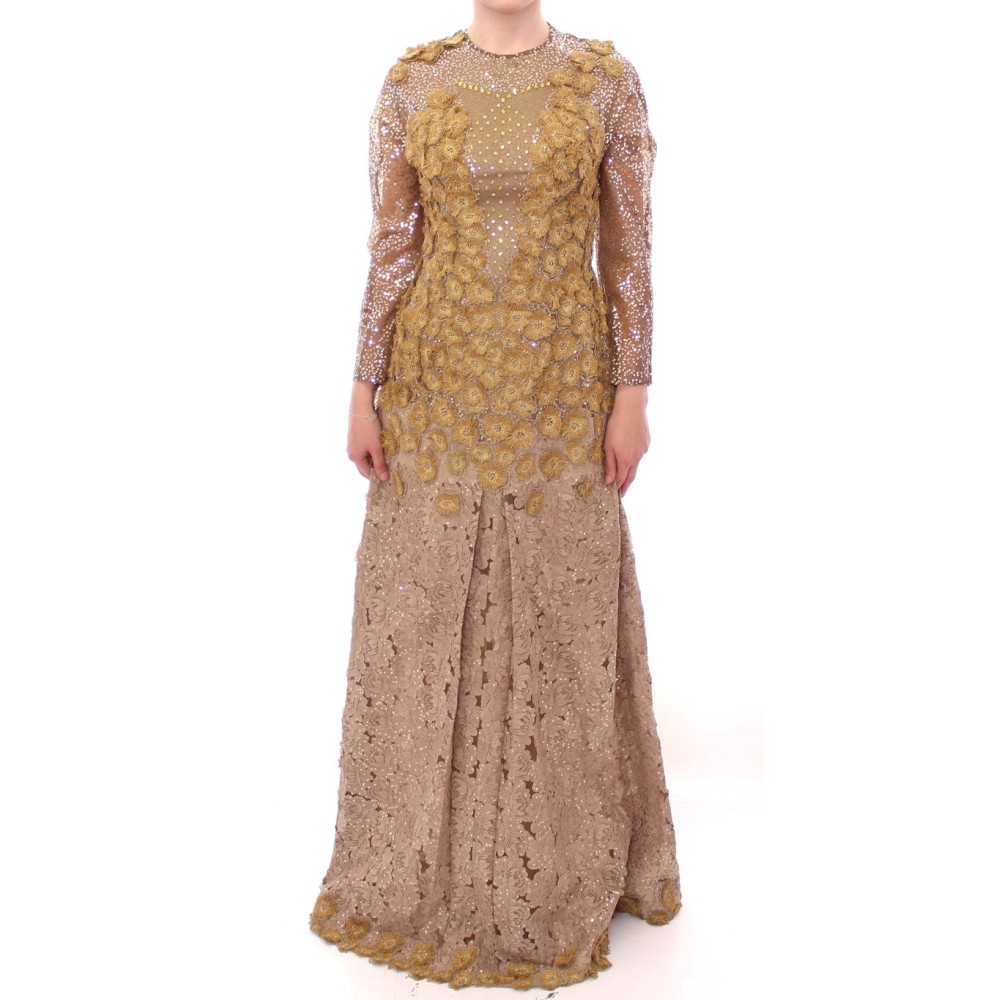 Lanre Da Silva Ajayi Exquisites Maxikleid aus goldener Spitze mit Kristallen