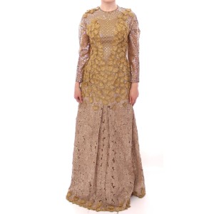 Lanre Da Silva Ajayi Exquisites Maxikleid aus goldener Spitze mit Kristallen
