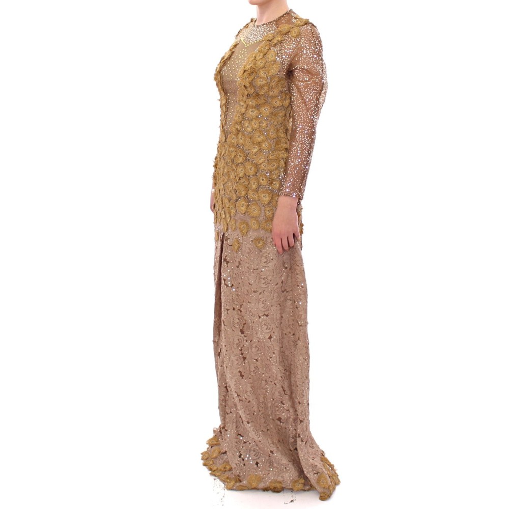 Lanre Da Silva Ajayi Exquisites Maxikleid aus goldener Spitze mit Kristallen