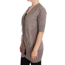 PINK MEMORIES Eleganter lilafarbener Baumwollspitzen-Strickpullover