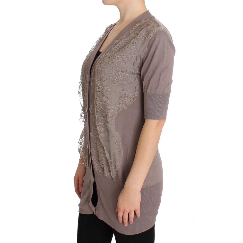 PINK MEMORIES Eleganter lilafarbener Baumwollspitzen-Strickpullover