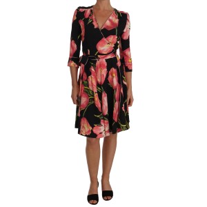 Dolce & Gabbana Elegantes schwarzes Etuikleid mit rosa Tulpenprint