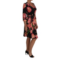 Dolce & Gabbana Elegantes schwarzes Etuikleid mit rosa Tulpenprint