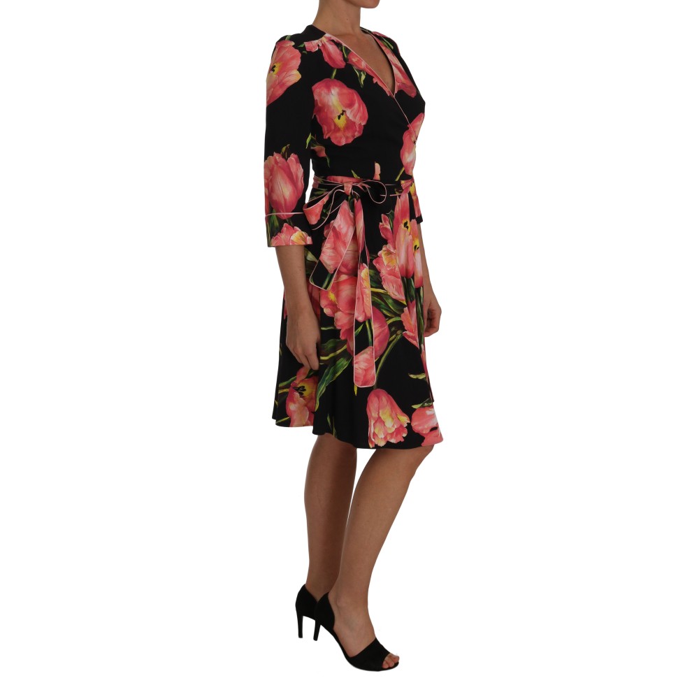 Dolce & Gabbana Elegantes schwarzes Etuikleid mit rosa Tulpenprint