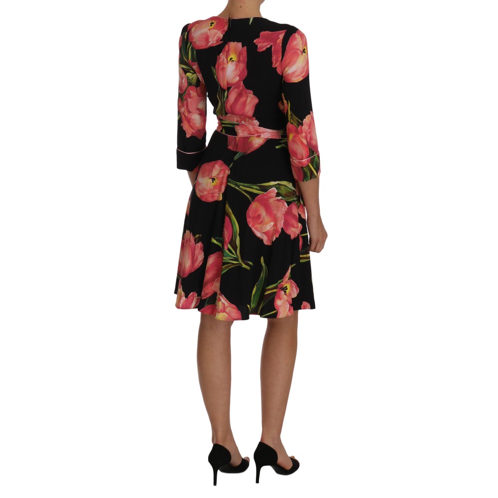 Dolce & Gabbana Elegantes schwarzes Etuikleid mit rosa Tulpenprint