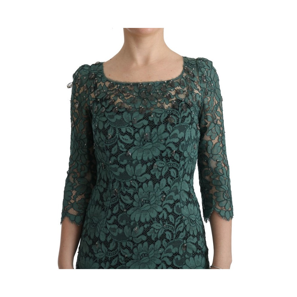 Dolce & Gabbana Elegantes Grünes Kristallverziertes Etuikleid