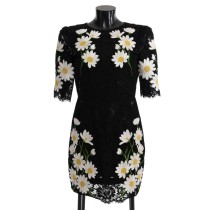 Dolce & Gabbana Schwarzes Kleid mit floraler Kamille-Spitzenstickerei