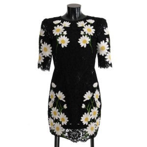 Dolce & Gabbana Schwarzes Kleid mit floraler Kamille-Spitzenstickerei