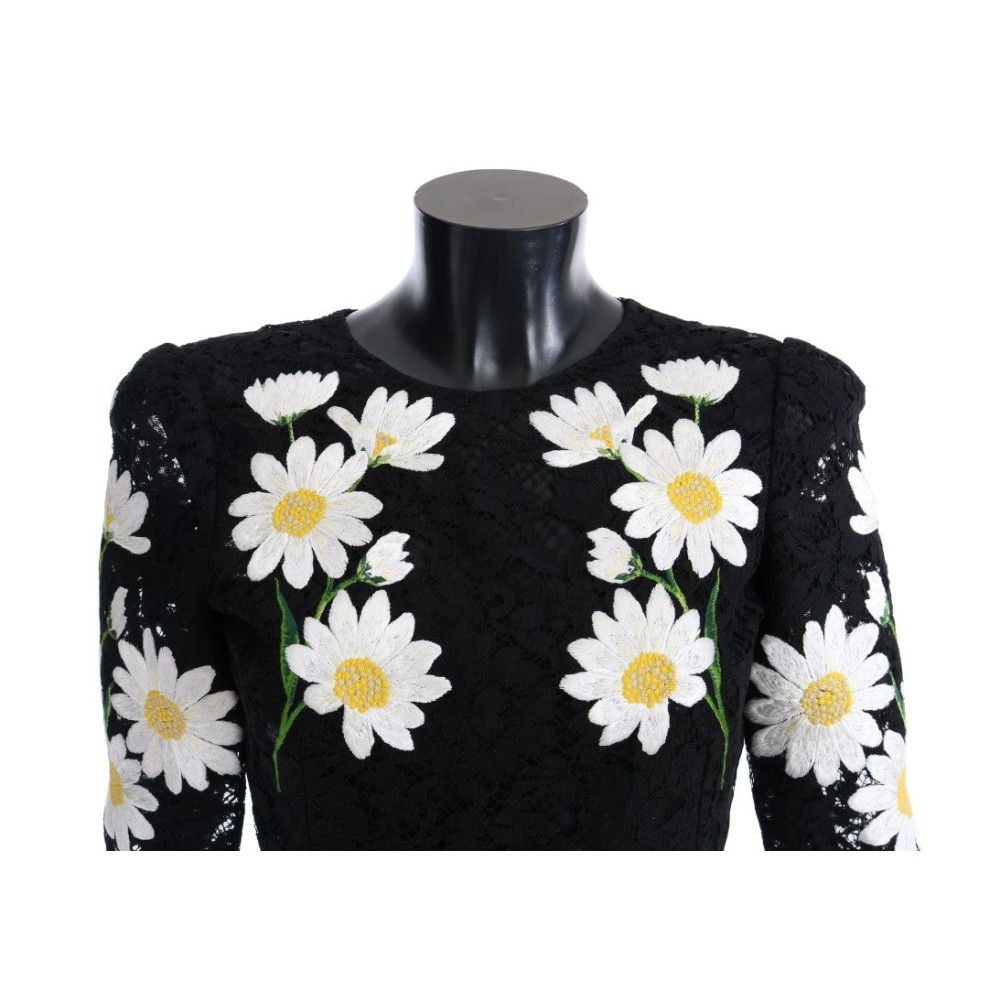 Dolce & Gabbana Schwarzes Kleid mit floraler Kamille-Spitzenstickerei