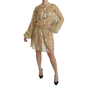 Dolce & Gabbana Elegantes Gold Spitze A-Linie Knielang Kleid