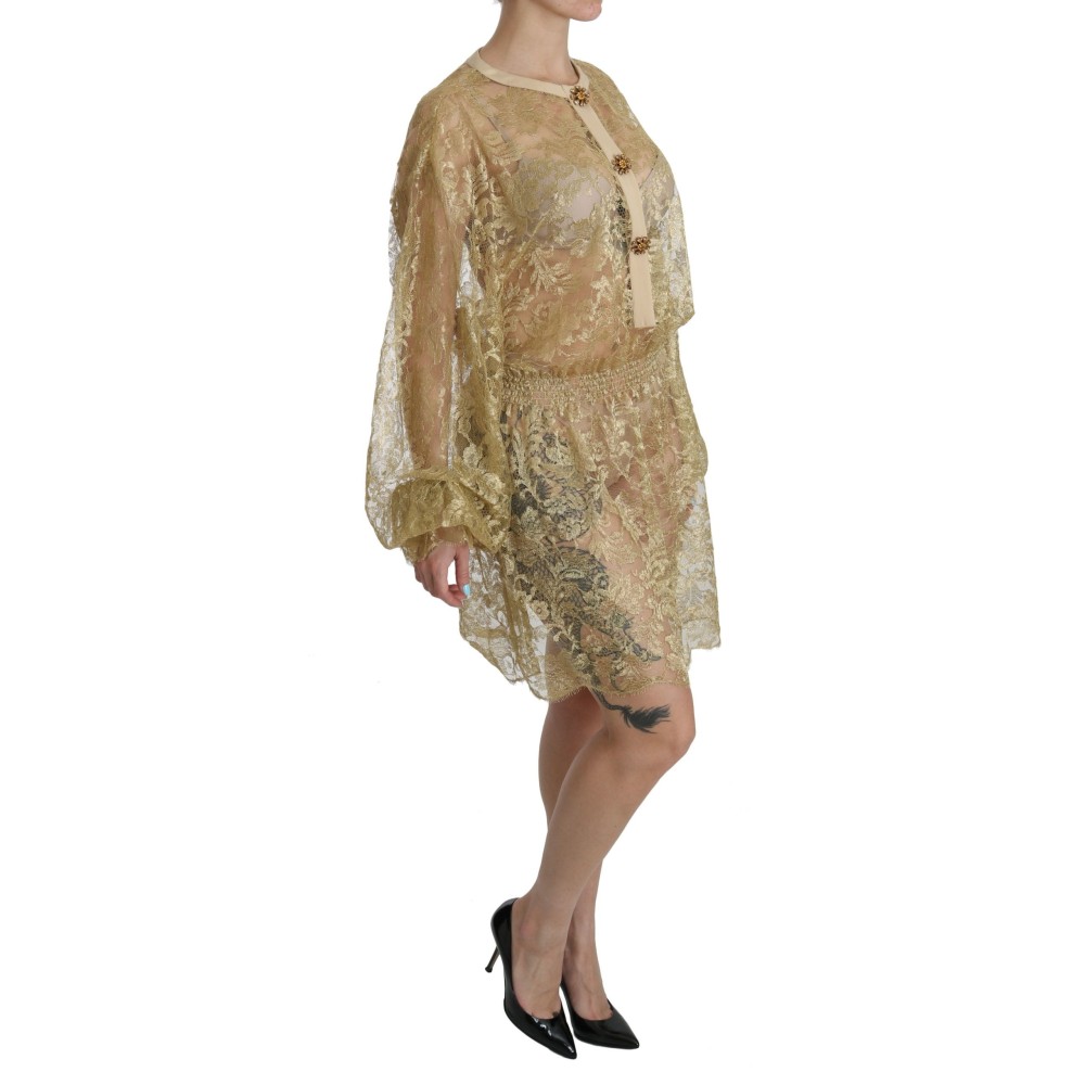 Dolce & Gabbana Elegantes Gold Spitze A-Linie Knielang Kleid