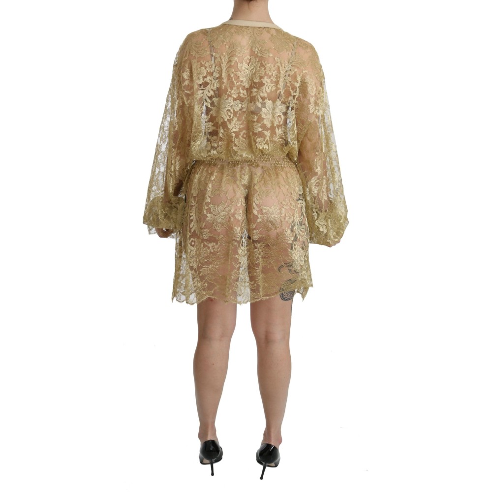 Dolce & Gabbana Elegantes Gold Spitze A-Linie Knielang Kleid