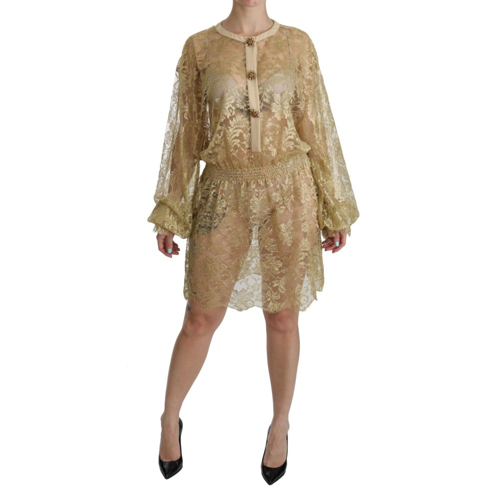 Dolce & Gabbana Elegantes Gold Spitze A-Linie Knielang Kleid