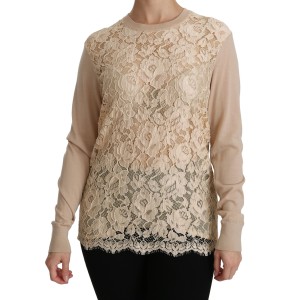 Dolce & Gabbana Elegante beigefarbene Kaschmirbluse mit Rundhalsausschnitt aus Spitze