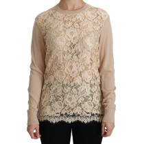 Dolce & Gabbana Elegante beigefarbene Kaschmirbluse mit Rundhalsausschnitt aus Spitze