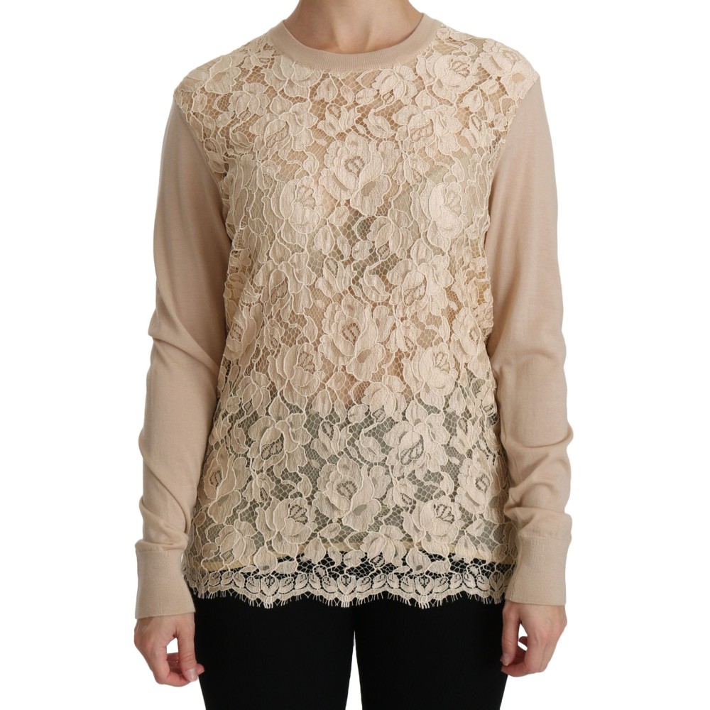Dolce & Gabbana Elegante beigefarbene Kaschmirbluse mit Rundhalsausschnitt aus Spitze