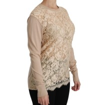 Dolce & Gabbana Elegante beigefarbene Kaschmirbluse mit Rundhalsausschnitt aus Spitze