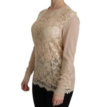 Dolce & Gabbana Elegante beigefarbene Kaschmirbluse mit Rundhalsausschnitt aus Spitze