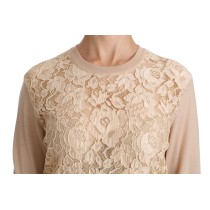 Dolce & Gabbana Elegante beigefarbene Kaschmirbluse mit Rundhalsausschnitt aus Spitze