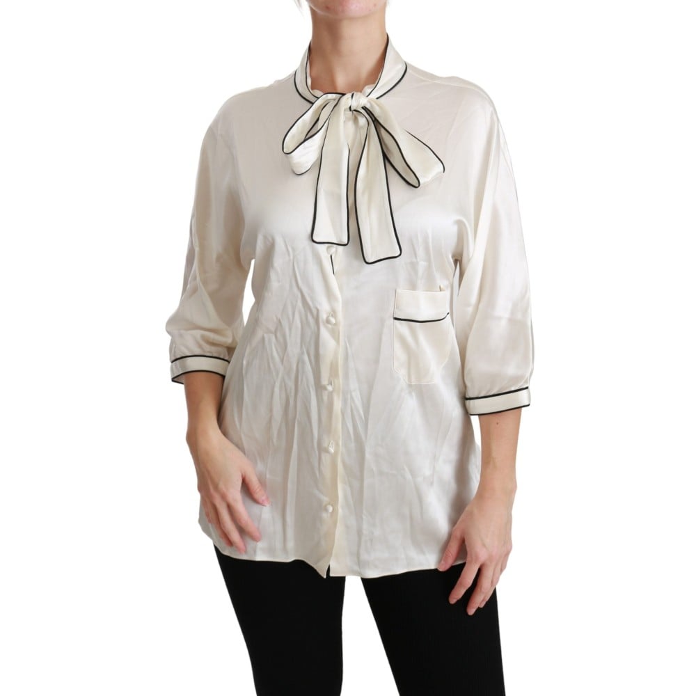 Dolce & Gabbana Elegante Beige Seidenbluse mit Schleifenschal
