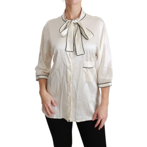 Dolce & Gabbana Elegante Beige Seidenbluse mit Schleifenschal