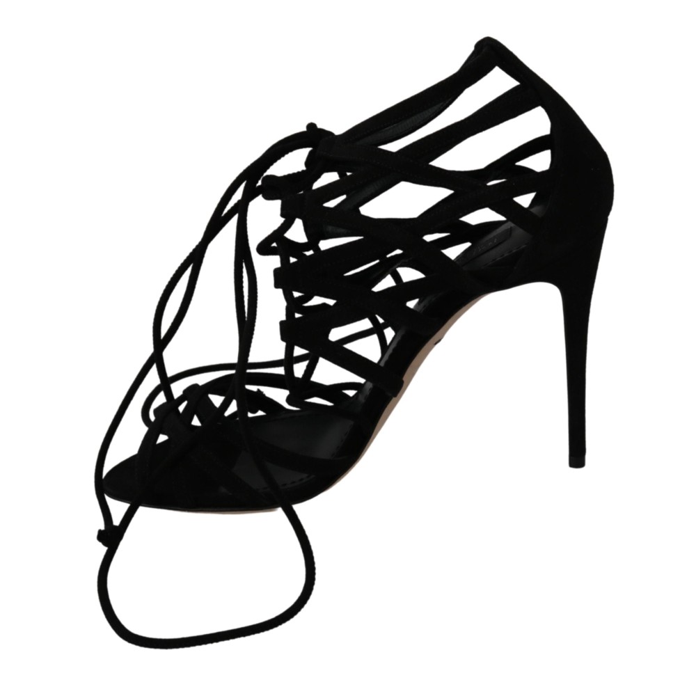 Dolce & Gabbana Elegante schwarze Stiletto-Sandalen mit Knöchelriemen aus Wildleder
