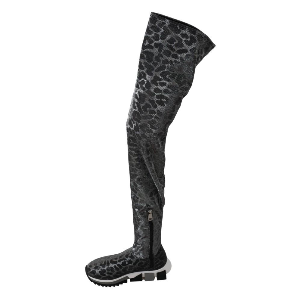 Dolce & Gabbana Elegante Leoparden-Stiefeletten über dem Knie Schuhe